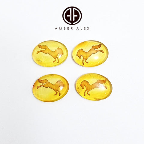 Cognac Amber Engraved Horse Oval Shape Cabochon