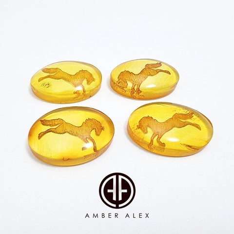 Cognac Amber Engraved Horse Oval Shape Cabochon