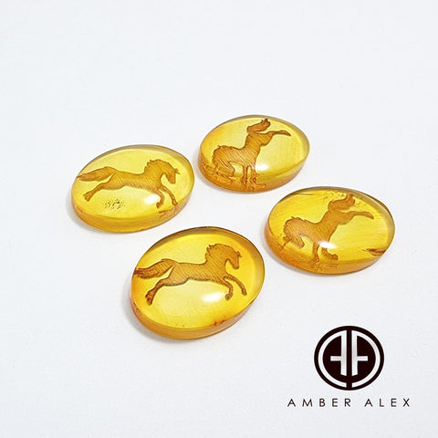 Cognac Amber Engraved Horse Oval Shape Cabochon