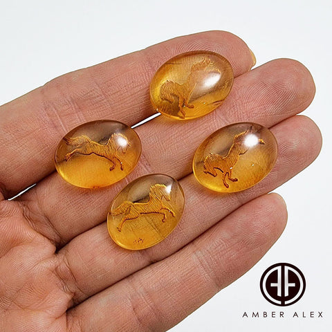 Cognac Amber Engraved Horse Oval Shape Cabochon