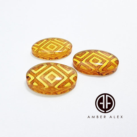 Cognac Amber Engraved Ornaments Oval Shape Cabochon