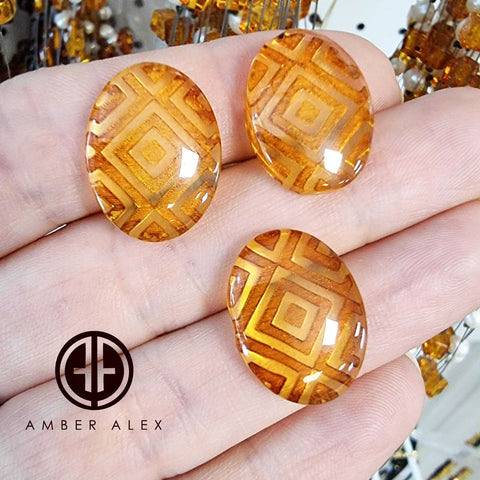 Cognac Amber Engraved Ornaments Oval Shape Cabochon