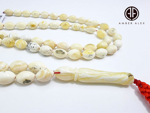 White With Yellow Amber Olive Shape 6.5 mm Islamic Prayer Beads