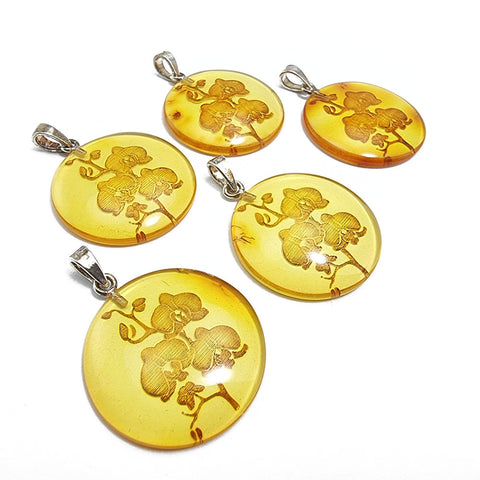 Cognac Amber Engraved Orchids Round Pendant Sterling Silver