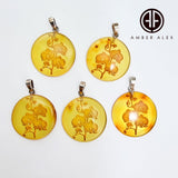 Cognac Amber Engraved Orchids Round Pendant Sterling Silver