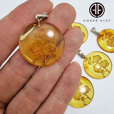 Cognac Amber Engraved Orchids Round Pendant Sterling Silver