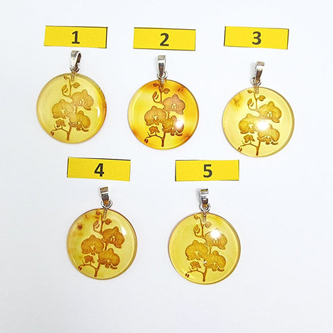 Cognac Amber Engraved Orchids Round Pendant Sterling Silver