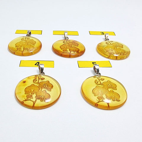 Cognac Amber Engraved Orchids Round Pendant Sterling Silver