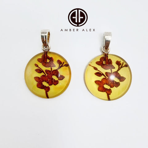 Cognac Amber Engraved Orchids Round Pendant Sterling Silver