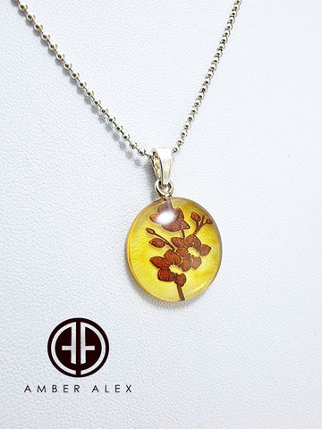 Cognac Amber Engraved Orchids Round Pendant Sterling Silver