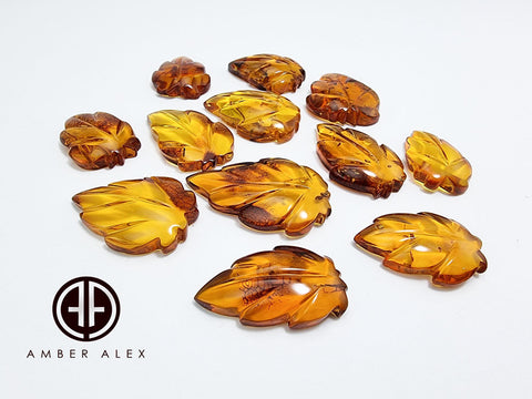 Cognac Amber Carved Leaf Cabochons