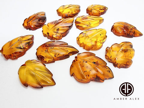 Cognac Amber Carved Leaf Cabochons