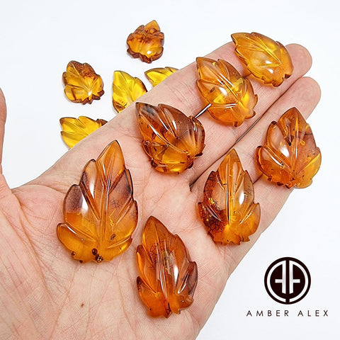 Cognac Amber Carved Leaf Cabochons