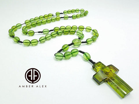 Green Amber Olive Beads Catholic Rosary With Cross Pendant