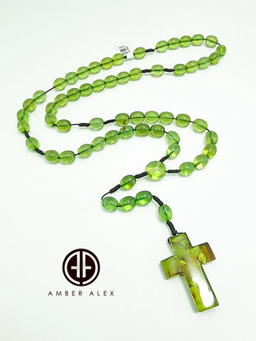 Green Amber Olive Beads Catholic Rosary With Cross Pendant