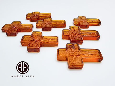 Cognac Amber Carved Cross Cabochons