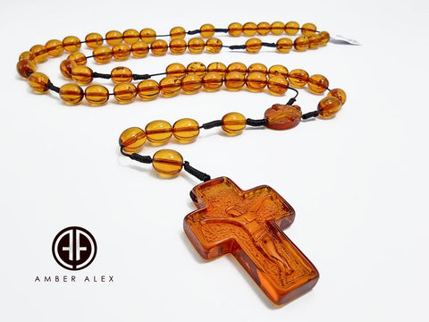 Cognac Amber Olive Beads Catholic Rosary With Carved Cross