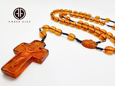 Cognac Amber Olive Beads Catholic Rosary With Carved Cross