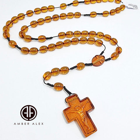 Cognac Amber Olive Beads Catholic Rosary With Carved Cross