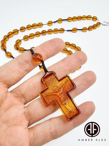 Cognac Amber Olive Beads Catholic Rosary With Carved Cross