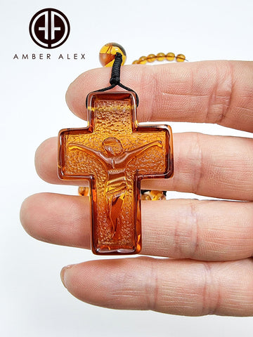 Cognac Amber Olive Beads Catholic Rosary With Carved Cross