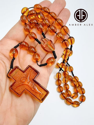 Cognac Amber Olive Beads Catholic Rosary With Carved Cross