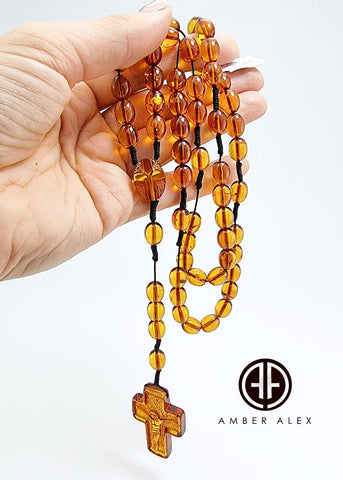 Cognac Amber Olive Beads Catholic Rosary With Carved Cross