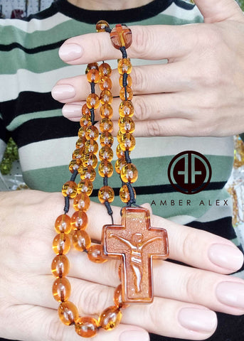 Cognac Amber Olive Beads Catholic Rosary With Carved Cross