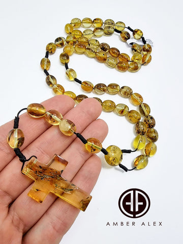 Fossil Amber Olive Beads Catholic Rosary With Cross Pendant