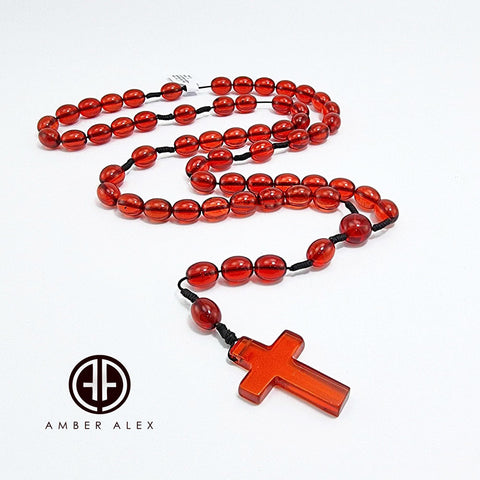 Red Amber Olive Beads Catholic Rosary With Cross Pendant