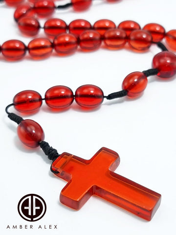 Red Amber Olive Beads Catholic Rosary With Cross Pendant