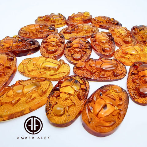 Cognac Amber Carved Scarab Cabochons