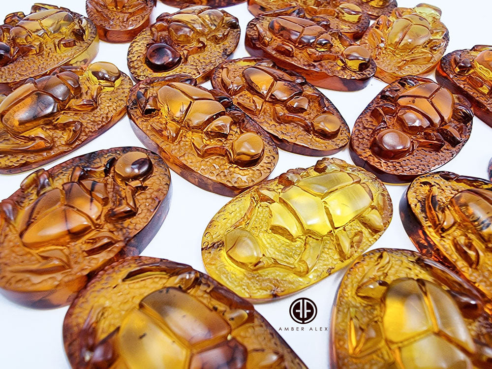 Cognac Amber Carved Scarab Cabochons