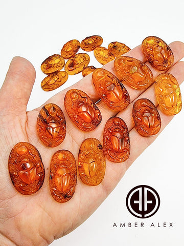 Cognac Amber Carved Scarab Cabochons