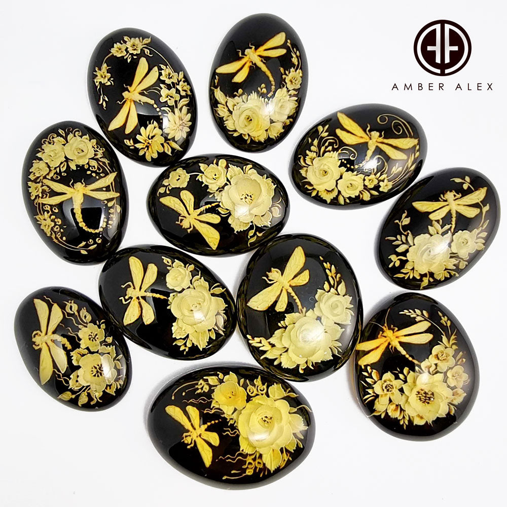 Cherry Amber Engraved Dragonfly With Flowers Oval Shape Cabochons