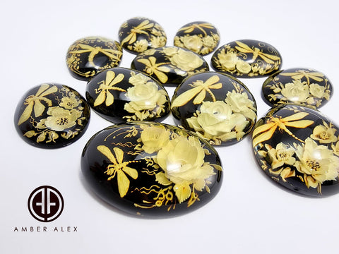 Cherry Amber Engraved Dragonfly With Flowers Oval Shape Cabochons