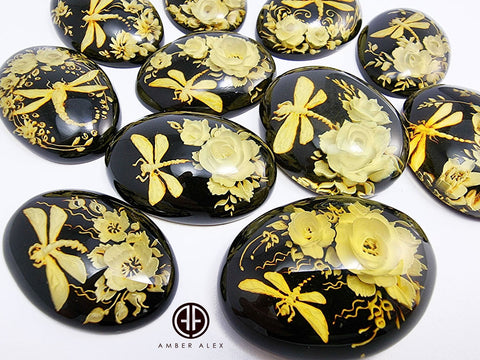 Cherry Amber Engraved Dragonfly With Flowers Oval Shape Cabochons