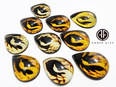 Cherry Amber Engraved Swan Drop Shape Cabochons