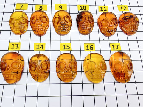 Cognac Amber Carved Skull Cabochons