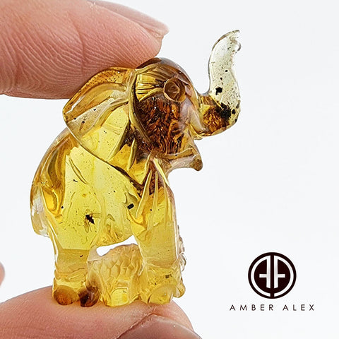 Fossil Amber Carved Elephant Figurine With Insects