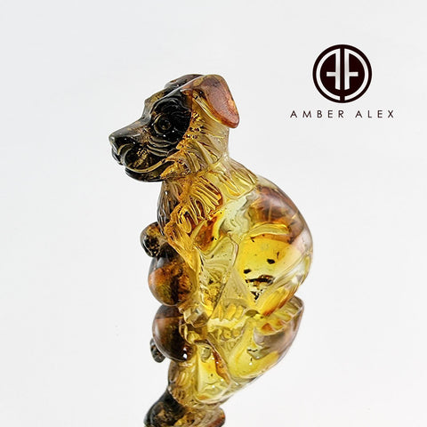 Fossil Amber Carved Dog Figurine