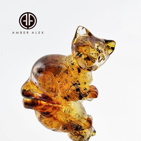 Fossil Amber Carved Cat Figurine