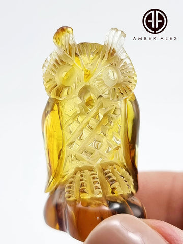 Natural Amber Carved Owls Figurine With Insects