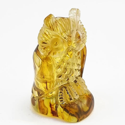 Natural Amber Carved Owls Figurine With Insects