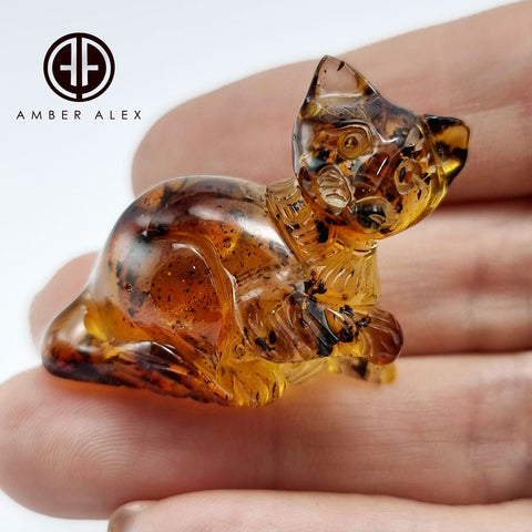 Fossil Amber Carved Cat Figurine