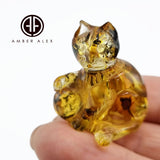 Fossil Amber Carved Cat Figurine With Insects