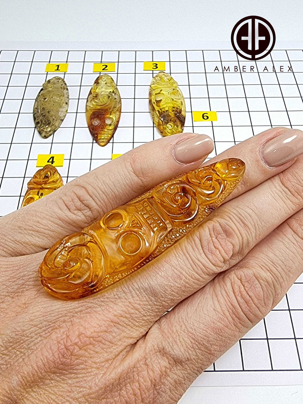 Cognac & Fossil Amber Carved Roses And Skull Cabochons