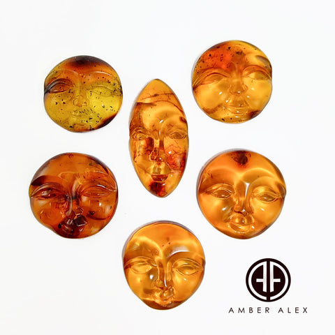 Cognac Amber Carved Faces Cabochons