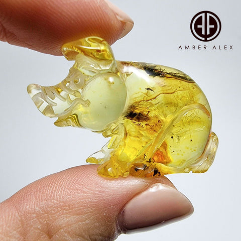 Natural Amber Carved Pig Figurine With Insects