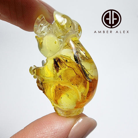 Natural Amber Carved Pig Figurine With Insects